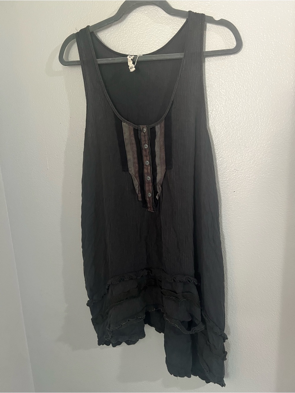 Free People Black Boho Henley Button Tunic Tank Dress Asymmetrical Hem
